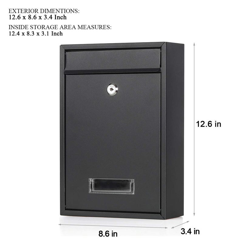 Jssmst Locking Mailboxes Wall Mounted Vertical Key Lock Drop Mail Box Medium Capacity Galvanized Steel Cover Rust-Proof Metal Post Box, 12.6 x 8.6 x 3.4 Inch, Black Matt, SM-0601LM - Image 2